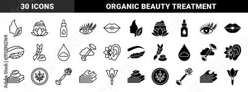 Wellness and organic skincare symbols featuring hybrid floral elements merged with beauty products and spa therapy items in line and solid styles