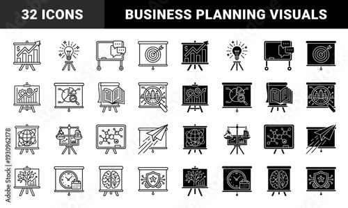 Presentation Board Hybrid Concepts featuring Business Growth Data Analytics Brainstorming and Strategic Planning Symbols in Outline and Solid Styles