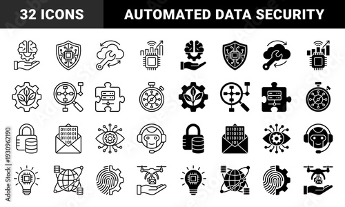 Collection of minimalist hybrid technology icons featuring dual line and solid styles for artificial intelligence data security and digital automation