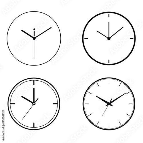 Four analog clocks showing different times on white background