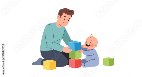 A smiling man playing with colorful blocks alongside a happy baby on a clean white background with a joyful and playful mood.