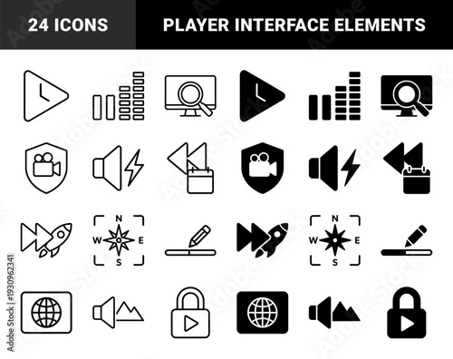 Hybrid multimedia and navigation symbols combining player controls with temporal tracking and location data in dual stroke and solid styles