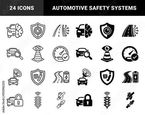 Smart vehicle technology and automotive safety systems featuring hybrid icons of cars merged with brains radar shields and traffic sensors