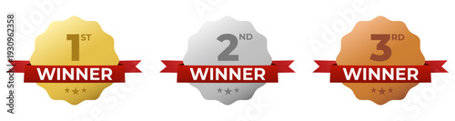 Set of gold, silver and bronze medals with red ribbons for first second and third place achievement awards