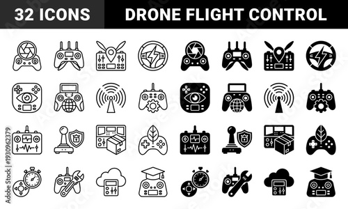 Remote control and drone pilot interface icons merging gaming controllers with camera apertures steering wheels signal towers and maintenance tools