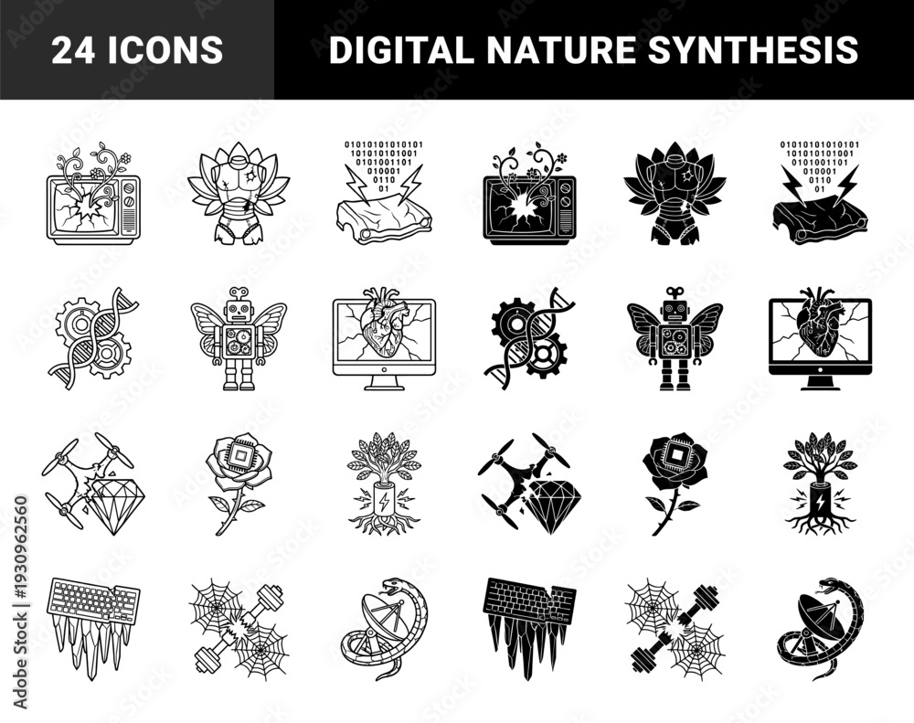 Obraz premium Surreal hybrid fusion icons featuring organic nature and mechanical elements like circuit roses dna gears and digital anatomical hearts in dual outline solid style