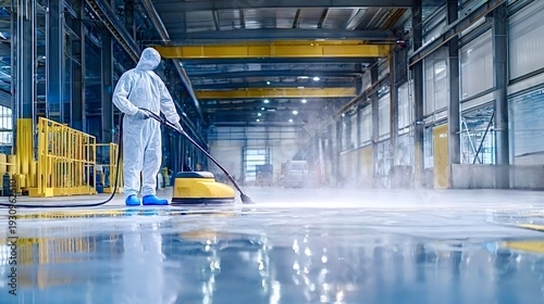 Worker in protective suit cleaning industrial warehouse floor