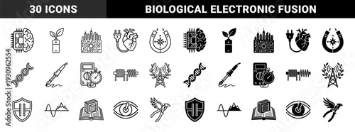 Collection of hybrid engineering and biological symbols merging human anatomy with electronic circuitry and industrial measurement tools in outline and solid styles