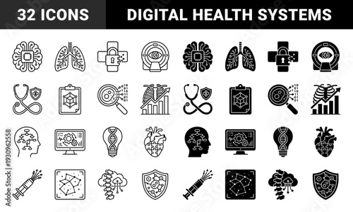 Biomedical engineering and digital health hybrid icons featuring brain microchips neural networks genetic data dna bulbs and diagnostic scanners