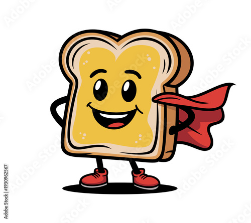 A cartoon illustration of a superhero bread character wearing a red cape