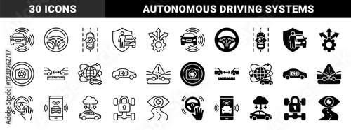 Autonomous vehicle technology symbols featuring smart driving sensors connected car systems electric battery power and collision avoidance safety graphics