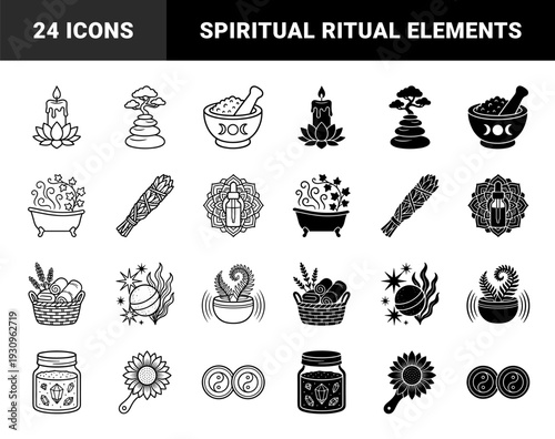 Wellness and Spirituality Hybrid Symbol Collection Featuring Sacred Geometry Mandalas Zen Stones Bonsai Trees Herb Bundles and Celestial Spa Robes