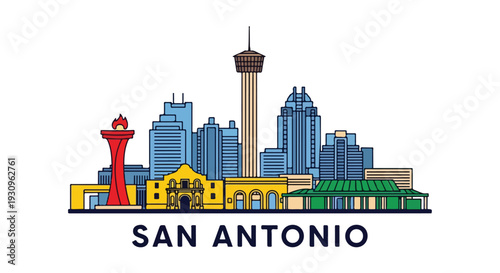 Illustration of San Antonio city skyline with famous landmarks and buildings in a colorful flat graphic design on a white background.