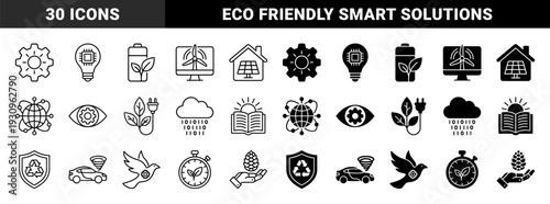 Sustainable technology and renewable energy hybrid icons featuring wind power monitor solar home battery storage and eco circuit integration