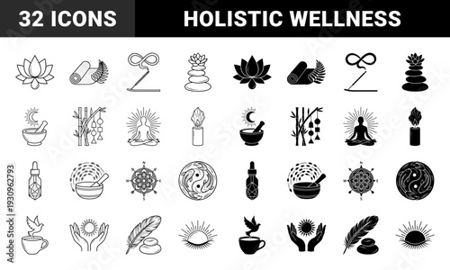 Mindfulness and wellness hybrid symbol collection featuring zen stones lotus flower incense and meditation silhouettes in dual outline and solid styles