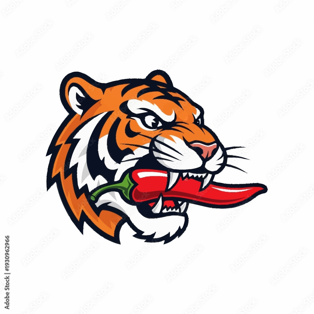 Fototapeta premium Fierce Tiger with Spicy Red Chili Pepper in Mouth Logo.