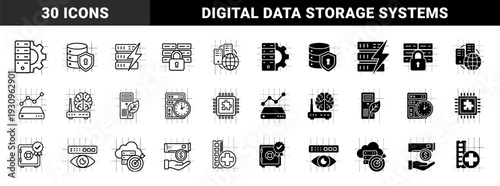 Data Center Infrastructure and Network Server Management Icons Featuring Hybrid Symbolism of Security Efficiency and Hardware Performance Monitoring