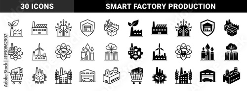 Industrial manufacturing and logistics hybrid icons featuring factory buildings merged with renewable energy symbols technology circuits and global supply chain elements