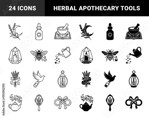 Ethereal Apothecary and Holistic Wellness Symbols Merging Celestial Elements With Herbal Medicine Mortar Pestle And Botanical Botanical Remedies