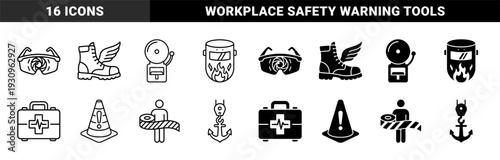 Safety equipment hybrid symbol collection featuring winged work boots flame welding masks and alarm bell graphics in linear and solid styles