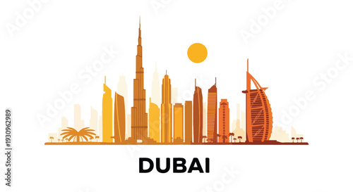 Flat design illustration of Dubai city skyline with iconic buildings and palm tree against a white background with warm orange hues.