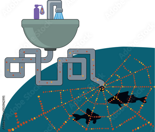 Microplastic pollution concept: plastic particles flowing from tap water into the ocean with fish