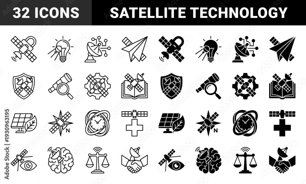 Obraz premium Satellite hybrid icons merging orbital technology with diverse concepts like law medicine education and nature for global communication and data monitoring