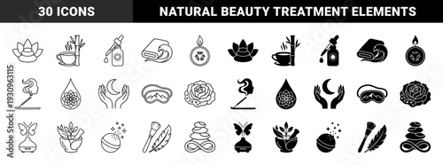 Wellness and Holistic Therapy Symbols Featuring Hybrid Concepts Like Moon Hands Bamboo Tea Cup And Butterfly Diffuser In Line And Solid Style