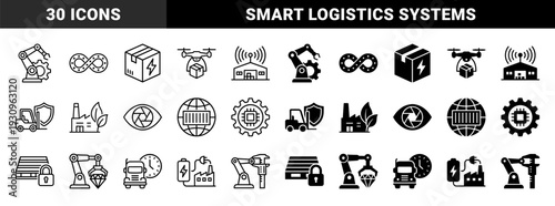 Industrial automation and smart logistics icons featuring robotic arms with diamonds hybrid cargo drones and energy efficient factory systems