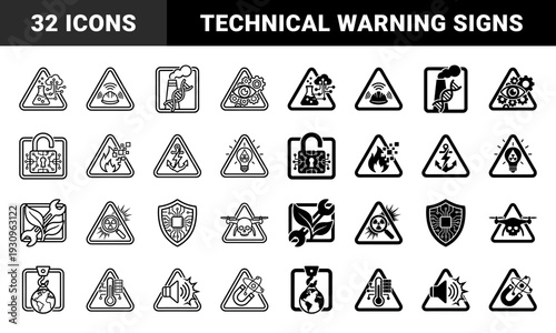 Hybrid industrial warning signs merging technical symbols with digital elements including laboratory flasks with circuits and gear mechanisms in dual stroke style