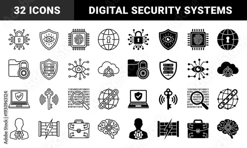 Cybersecurity and digital protection hybrid icons featuring biometric encryption data privacy cloud safety network firewall and artificial intelligence security