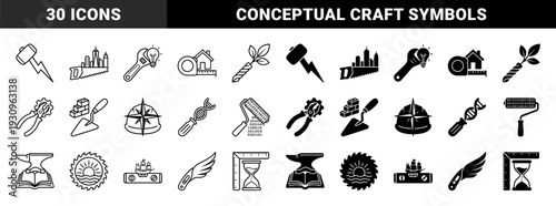 Hybrid construction and trade tool metaphors featuring a hammer lightning bolt saw skyline and wrench lightbulb in outline and solid styles