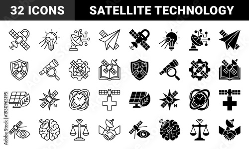 Satellite hybrid icons merging orbital technology with diverse concepts like law medicine education and nature for global communication and data monitoring