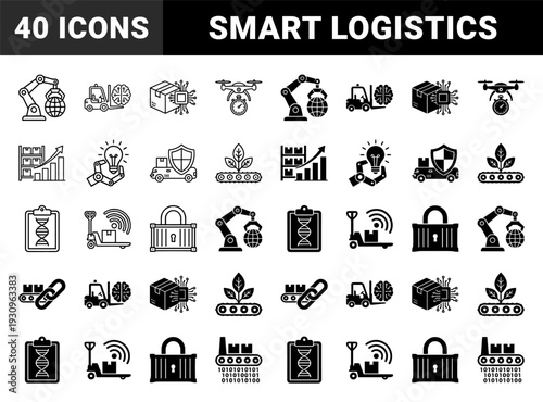 Industrial automation and smart logistics icons featuring hybrid robotic arms with globes forklift brains and circuit integrated shipping boxes