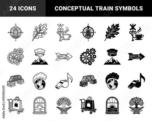 Monochrome railway travel hybrid icons featuring locomotive compass and train track leaf motifs combined with bridge book and globe smoke concepts