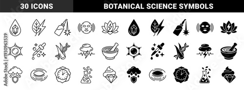 Biotechnology and Organic Skincare Ingredient Symbols Featuring Hybrid Botanical Elements Laboratory Glassware and Molecular Structures in Dual Line and Glyph Styles