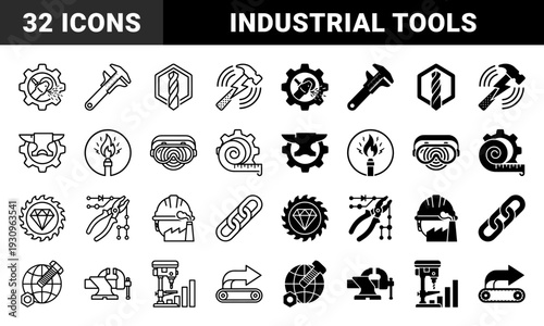 Heavy industrial manufacturing icons featuring hybrid mechanical designs with integrated gear saw blade hammer and drill bit elements in outline and solid styles