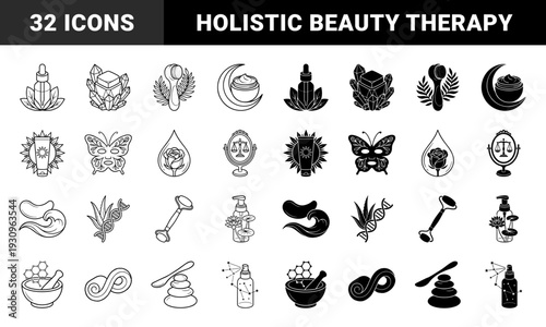 Skincare and Holistic Wellness Symbols Merging Organic Elements with Cosmetic Products Featuring DNA Strands Botanicals and Celestial Motifs