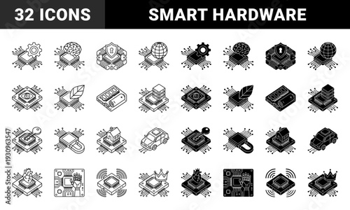 Isometric microprocessor hybrid icons featuring integrated circuits merged with smart home automotive medical and artificial intelligence symbols