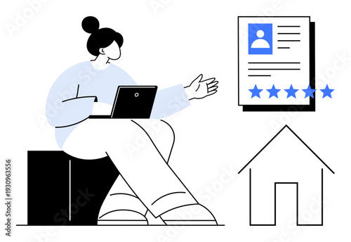 Woman using laptop alongside document with profile details, star ratings, and home outline. Ideal for real estate, recruitment, online reviews, user profiles, property management, remote work