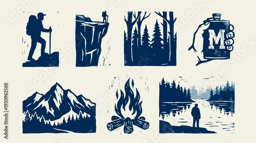 Set of outdoor adventure linocut stamp illustrations featuring hiking, mountains, forest, campfire, and lake in vintage blue block print style