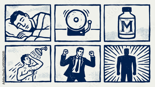 Retro blue linocut comic strip showing a man's energetic morning routine from waking up and taking vitamins to showering and feeling powerful in a suit.