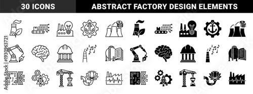 Industrial hybrid concept elements merging factory chimneys with nature and technology symbols featuring bold stroke weights and solid fills for manufacturing branding