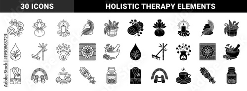 Wellness and holistic therapy linear and solid symbol collection featuring herbal medicine aromatherapy zen garden and relaxation ritual elements