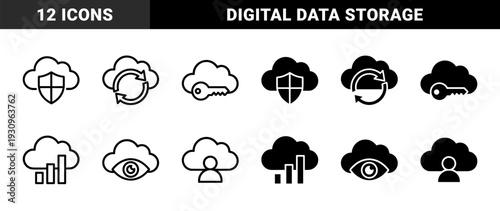 Cloud Computing Data Management Concept Featuring Hybrid Icons for Security Backup Encryption Analytics Surveillance User Access and Time Schedules