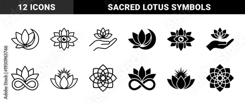 Sacred lotus flower hybrid symbols combining moon crescent eye providence infinity hand sun and geometric mandala patterns in line and solid styles