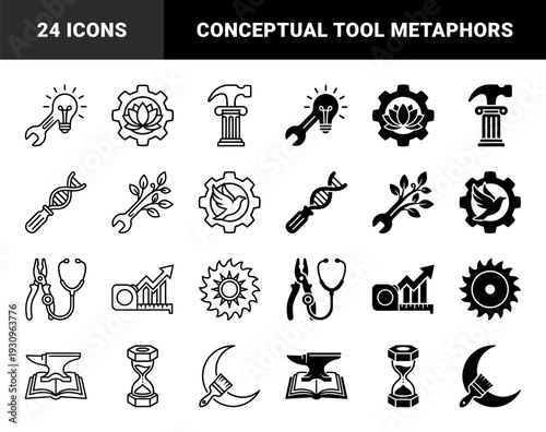 Hybrid conceptual symbol set combining manual tools with abstract metaphors including lightbulb wrench dna screwdriver and nature gear elements