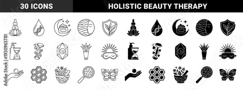 Skincare and holistic wellness symbols featuring hybrid biological and botanical motifs like dna drops aloe vera lotus serum and massage rollers
