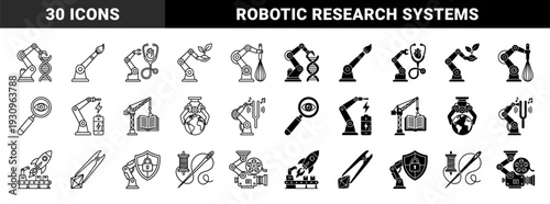 Robotic arm hybrid concept with industrial automation merging with biotechnology medical healthcare education and renewable energy symbols in dual line and solid style