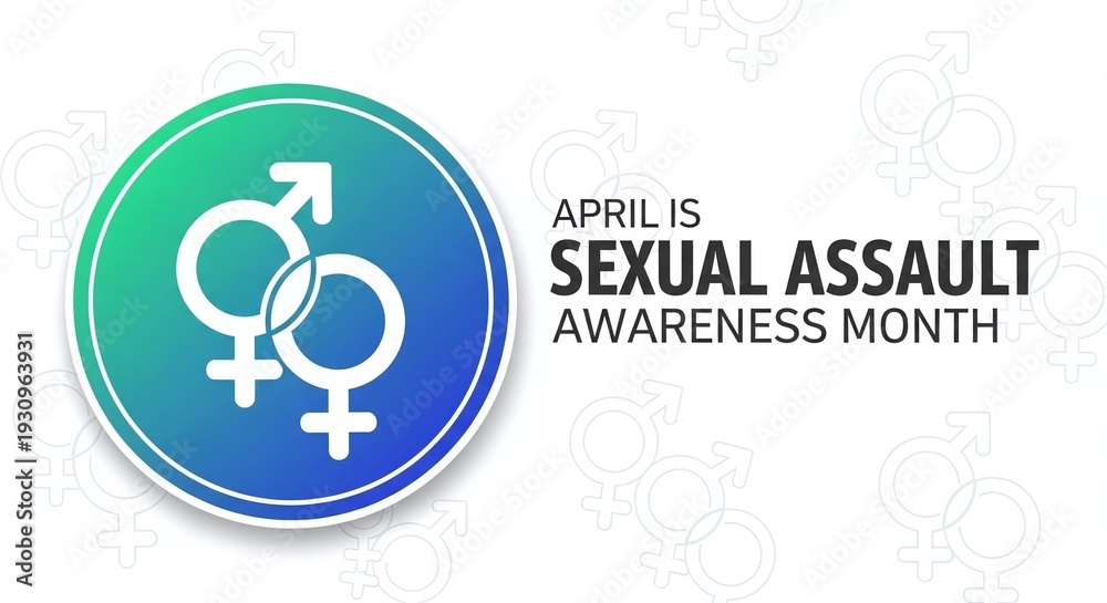 Fototapeta premium April is Sexual Assault Awareness Month Graphic with Interlocked Gender Symbols in Teal Circle for Social Justice and Healthcare Advocacy